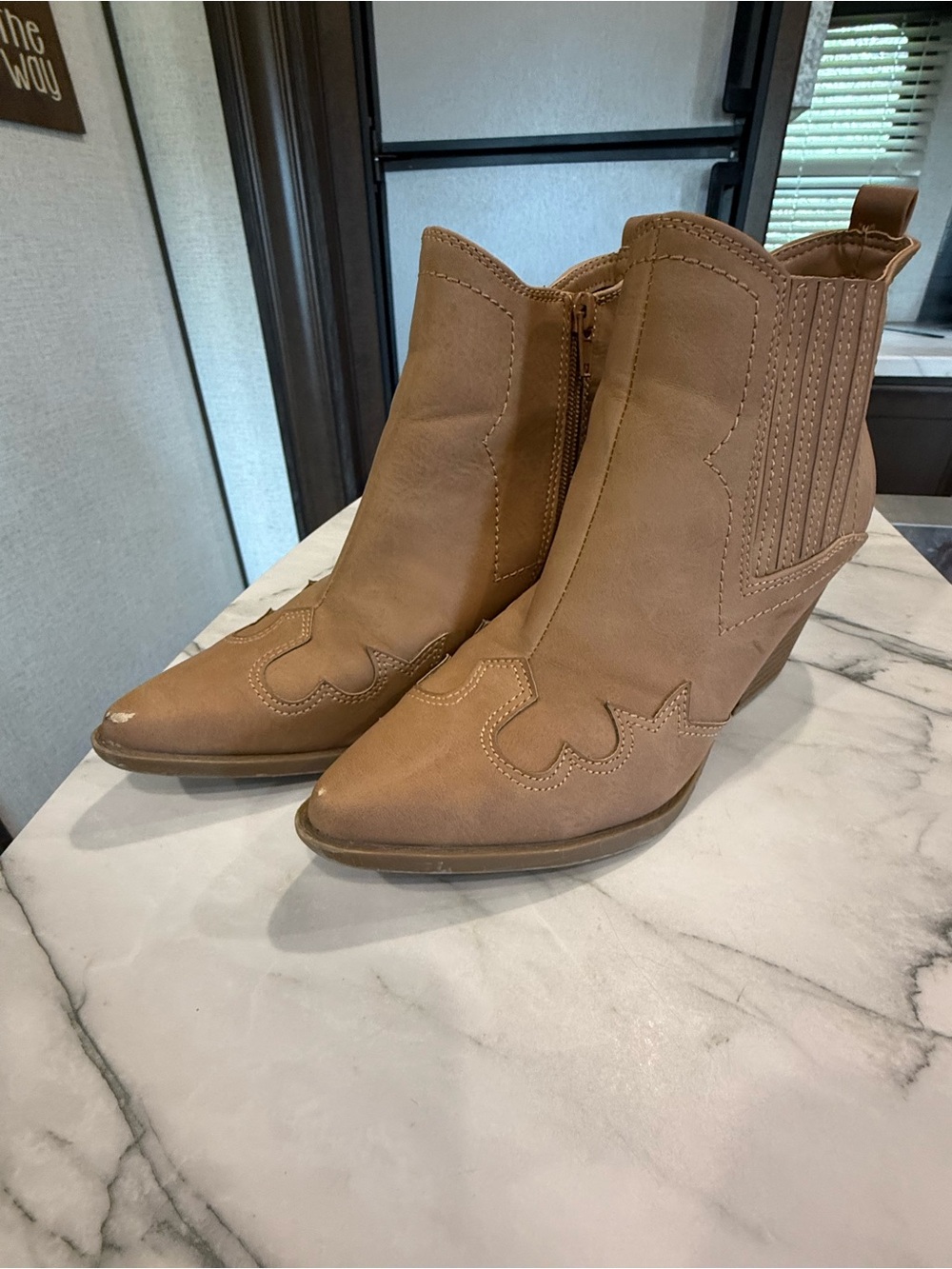 Women's Tan Western Ankle Boots - Stylish Wedge Heels
